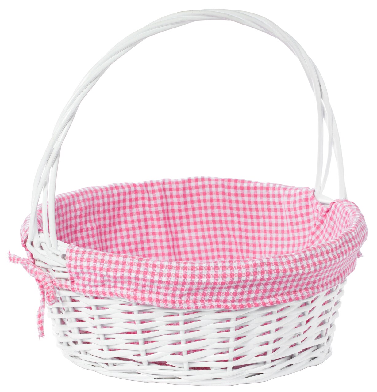 White Round Willow Gift Basket, with Gingham Liner and Handle